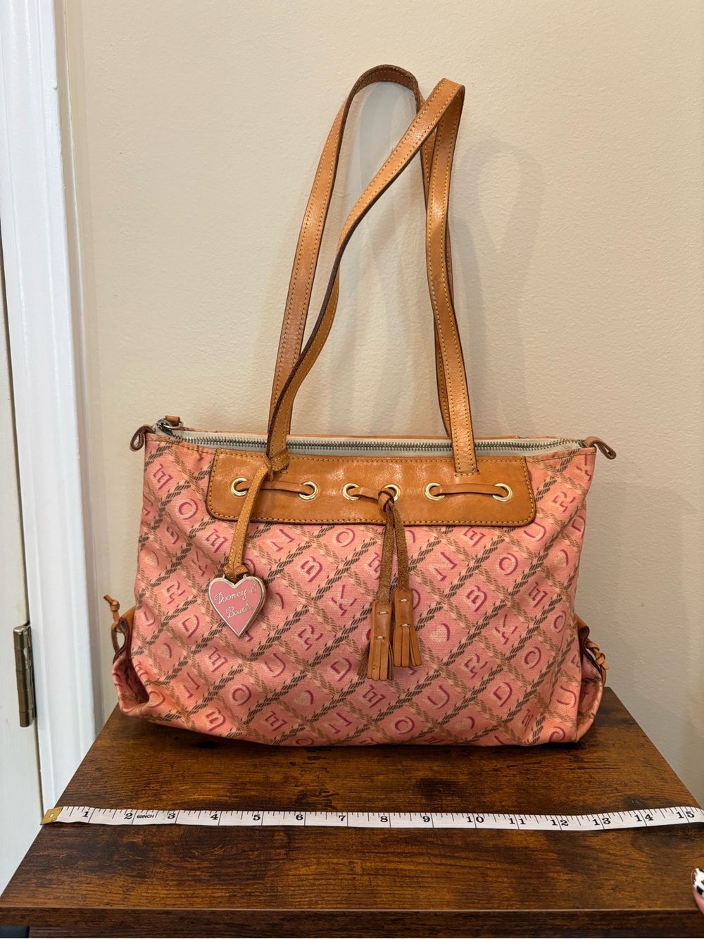 Vintage Y2K Dooney & Bourke Pink Monogram Rope Pattern Tote Bag with Heart Charm